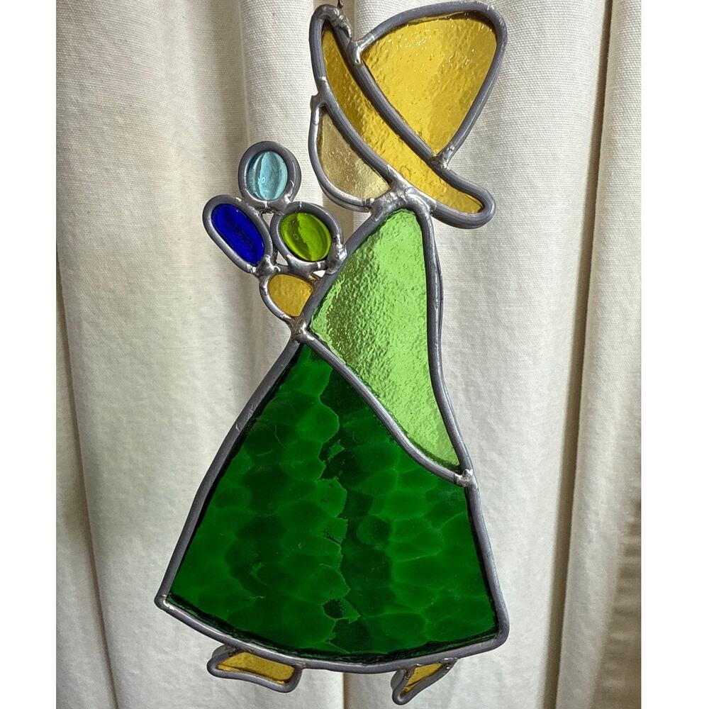 Vintage Stained Glass Suncatcher Window Hanging Girl Holding Flowers Home Décor